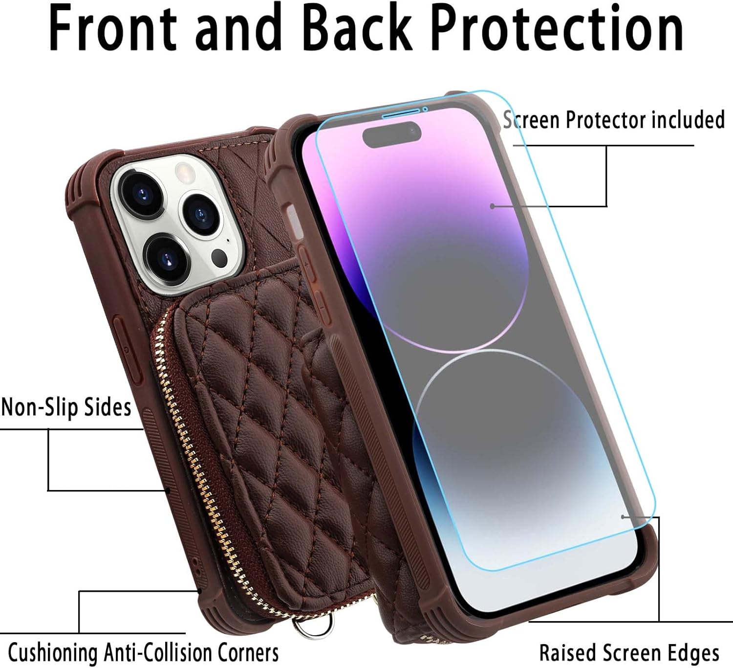 MONASAY Zipper Wallet Case Fit for iPhone 14 Pro Max, 6.7in [Glass Screen Protector ][RFID Blocking] Flip Leather Handbag Phone Cover with Card Holder and Crossbody Lanyard Strap, Brown
