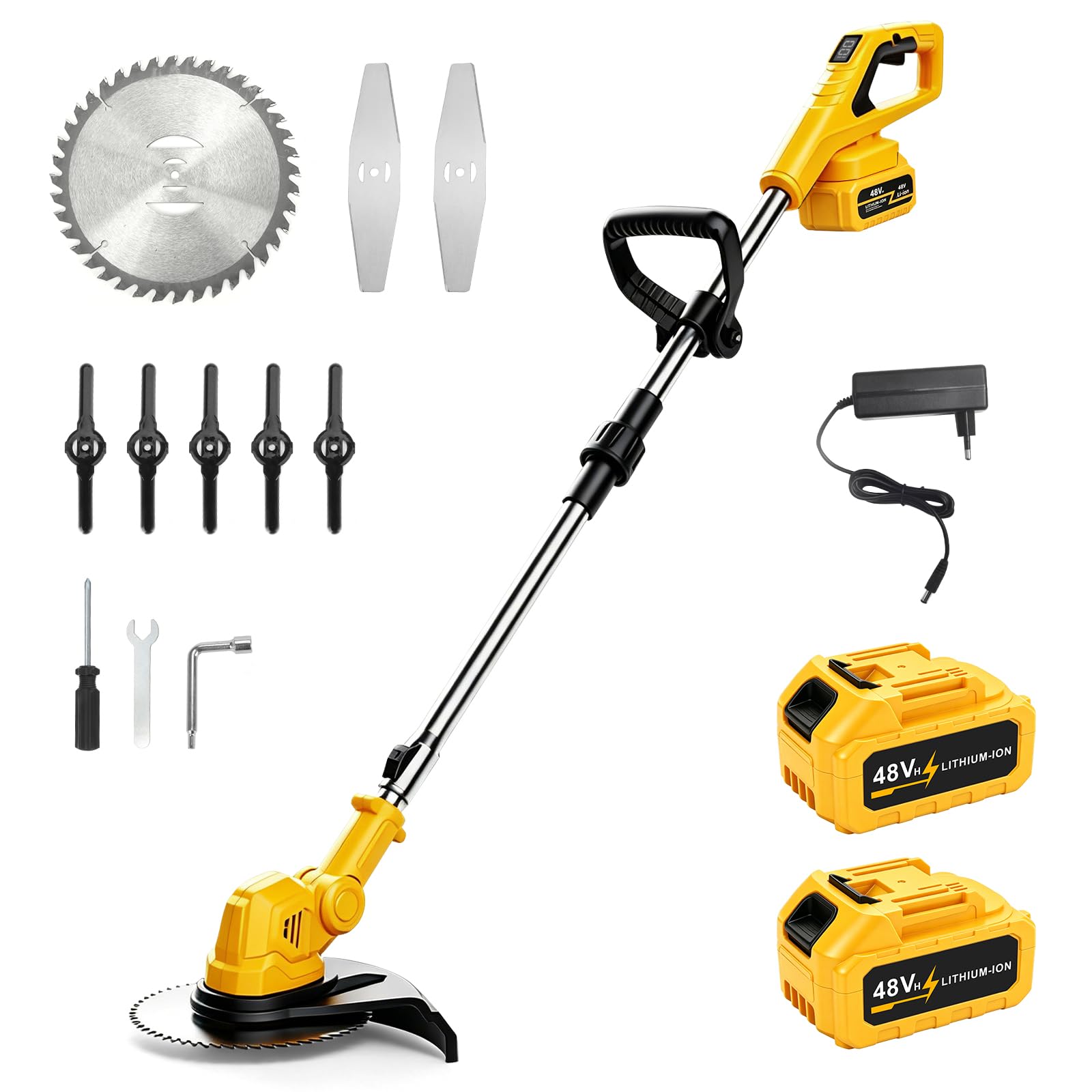 Desbrozadora con batería plegable con 2 baterías de 4000 mAh, 9000 rpm | Desbrozadora telescópica de 95 a 130 cm, con indicador digital de batería, mango ajustable y ángulo para jardín y césped
