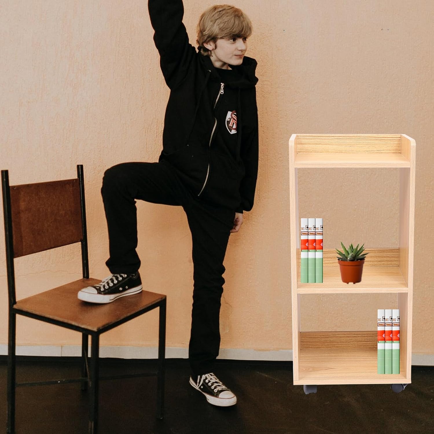 Movable Floor Storage Rack with Rubber Wood Finish 30x24x66cm, Home Organizer Shelf Unit with Swivel Wheels for Living Room and Kitchen