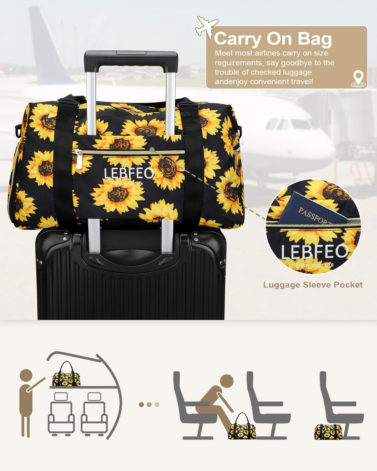 Travel Duffle Bag for Women Large Weekender Overnight Bags Gym Bag with Shoe Compartment Waterproof Hospital Bag Carry On Tote Bag for Airplanes,Sunflower - Image 4