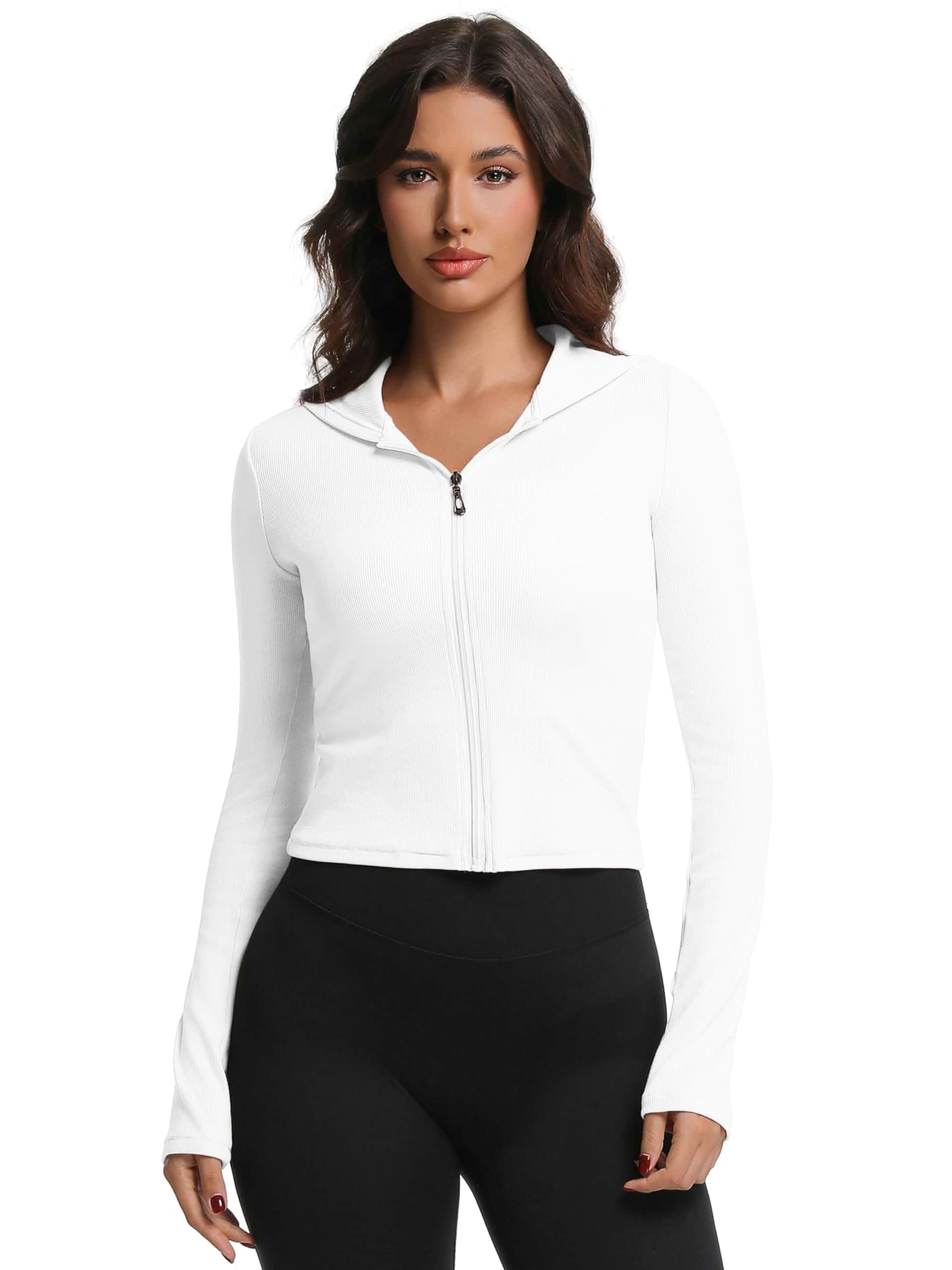 Abonlen Ribbed Hoodies for Women Lightweight Full Zip Up Jackets Long Sleeves Tops Fitted Cropped Sweatshirt Long Sleeve