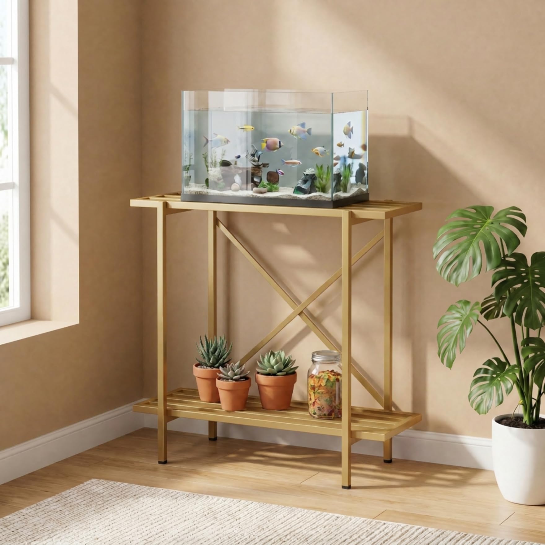 ecofynd 2-Tier Fish Tank Stand, Double-Layer Aquarium Stand with Adjustable Table Feet, Heavy Metal Storage Rack Suitable for Home and Office, (Gold, FS-PS050)-image-49