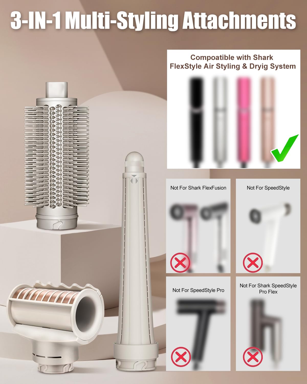 Chuancheng Barriles rizadores largos 3 en 1 + accesorios de cepillo voluminizador redondo para Shark FlexStyle, accesorios de herramientas de acabado para alisar, cabello brillante, rizos voluminosos