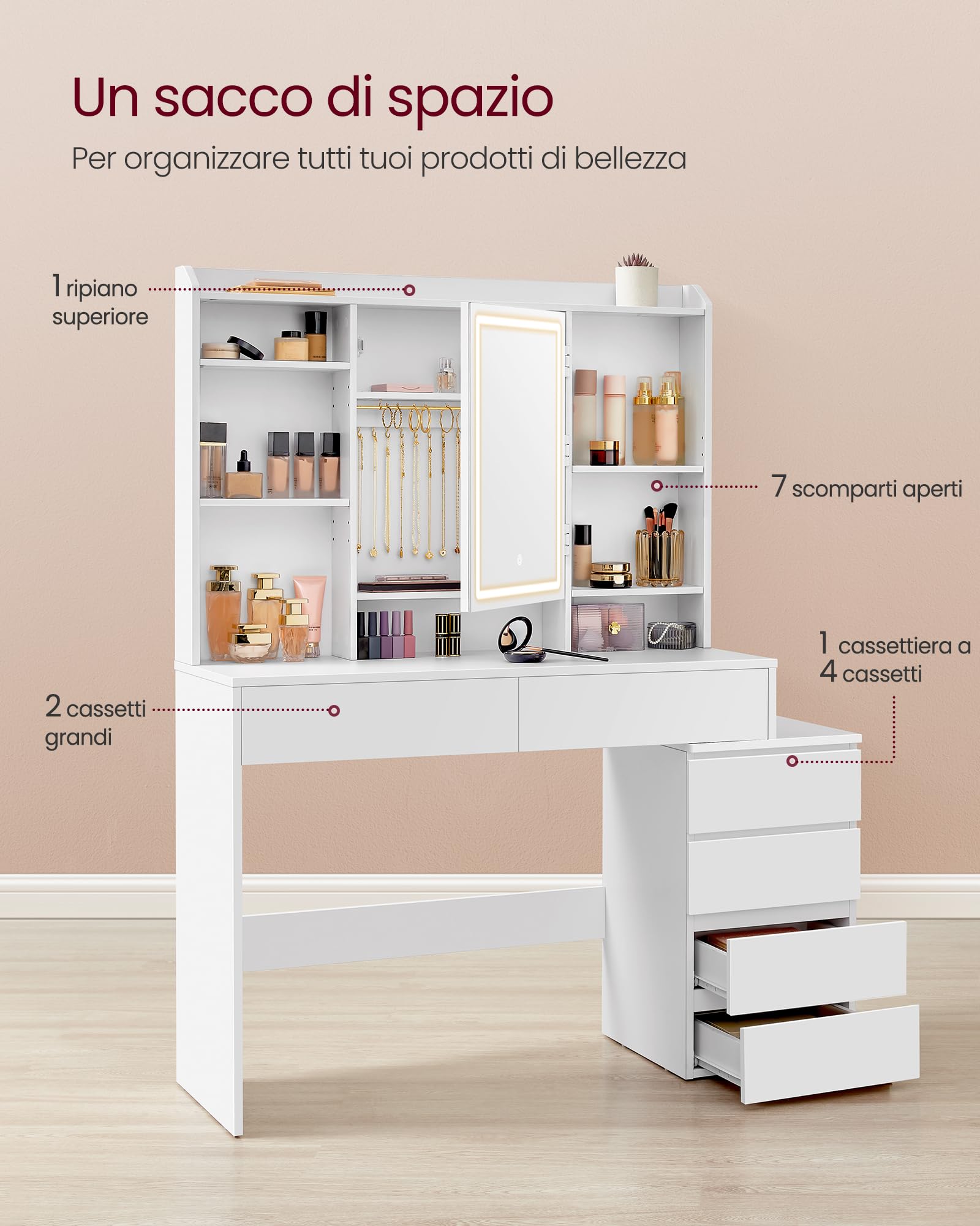 VASAGLE KAILYN Collezione - Toeletta con Luci LED a Luminosità Regolabile, Tavolo da Trucco con Specchio, 40 x 118,3 x 145 cm, Scomparti Aperti, Ripiani Regolabili, Moderno, Bianco Nuvola RDT624WB01