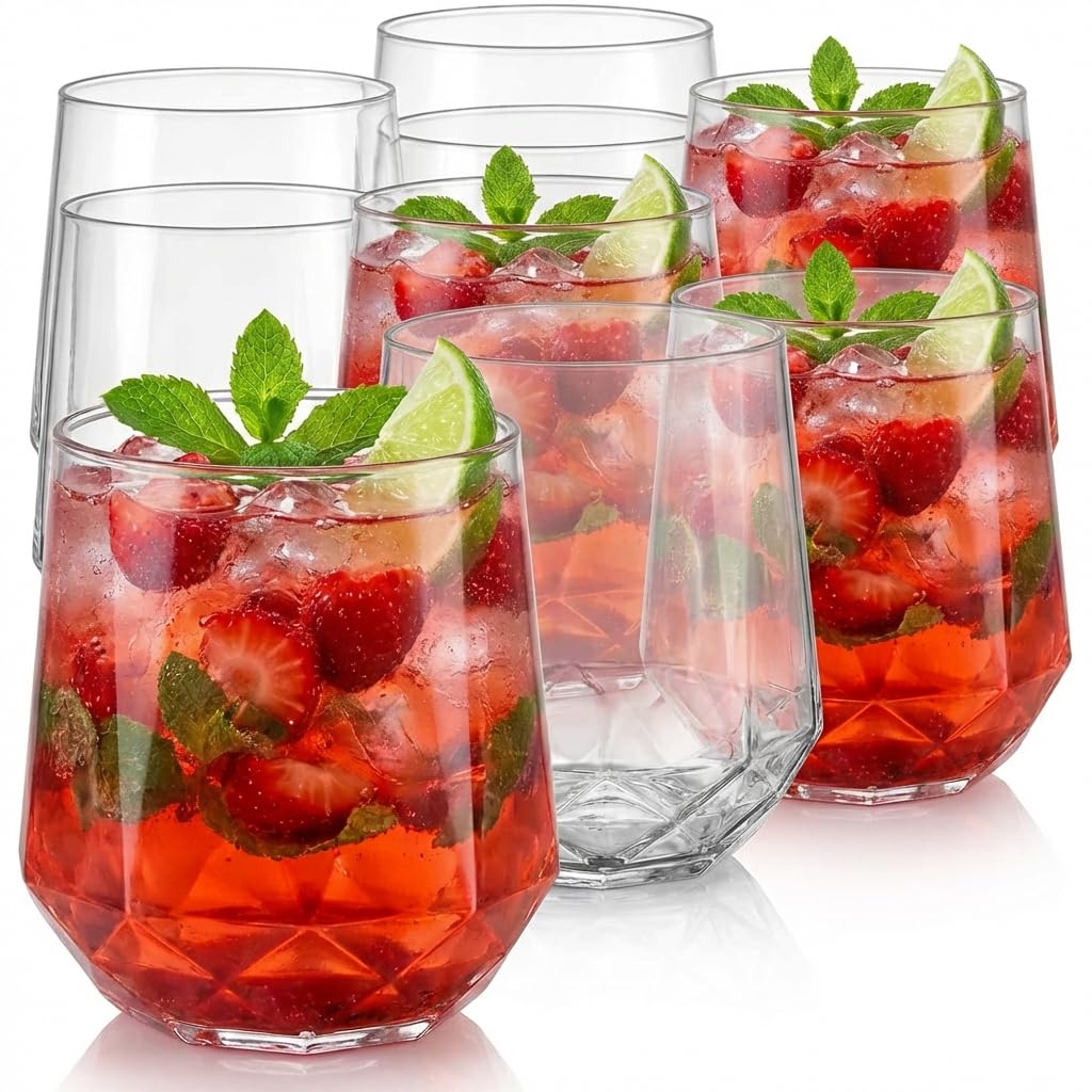 Oojami 40 Pack Disposable Plastic Wine Glasses 12 oz Diamond - Stemless Unbreakable Cocktail Glasses Champagne Wine Cups, BPA-Free Shatterproof Reusable Recyclable for Wedding Birthday Party (Clear)