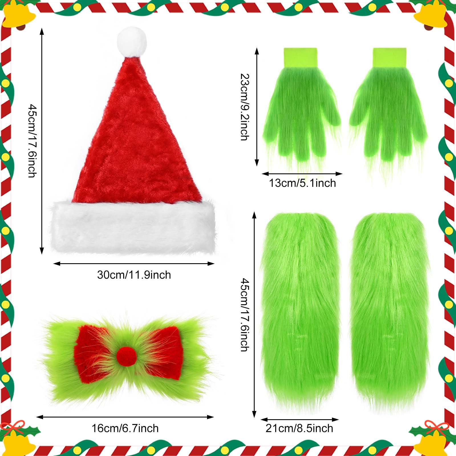 Bofeiya 4 Pcs Christmas Green Monster Santa Costume with Christmas Hat Fuzzy Faux Leg Hand Gloves Furry Hair Bow for Winter Holiday Xmas Dressing Props - Image 2