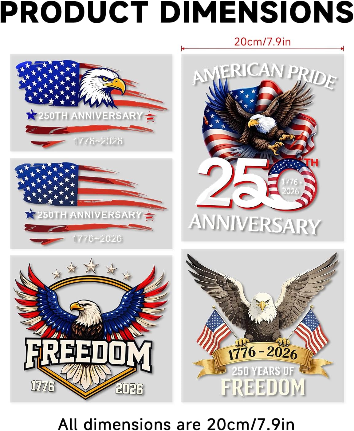 5Pcs 250th Anniversary USA Car Decal Sticker, USA Patriotic 4th of July 1776–2026 PET for Car, Truck, Window, Laptop, 250 Years American Independence Bumper Stickers (7.9 inches)