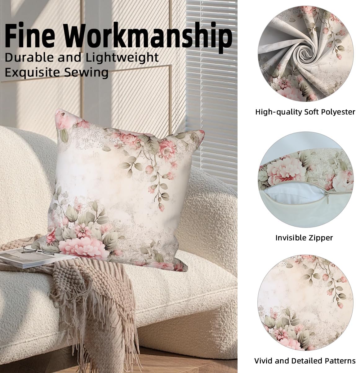 4 Pcs/Set Floral Pillow Covers Spring Poppy Rose Flowers Vintage Plants Watercolor Rustic Valentine Throw Pillow Covers for Outdoor Home Couch Sofa Bedroom Farmhouse Decor, 22"x22"