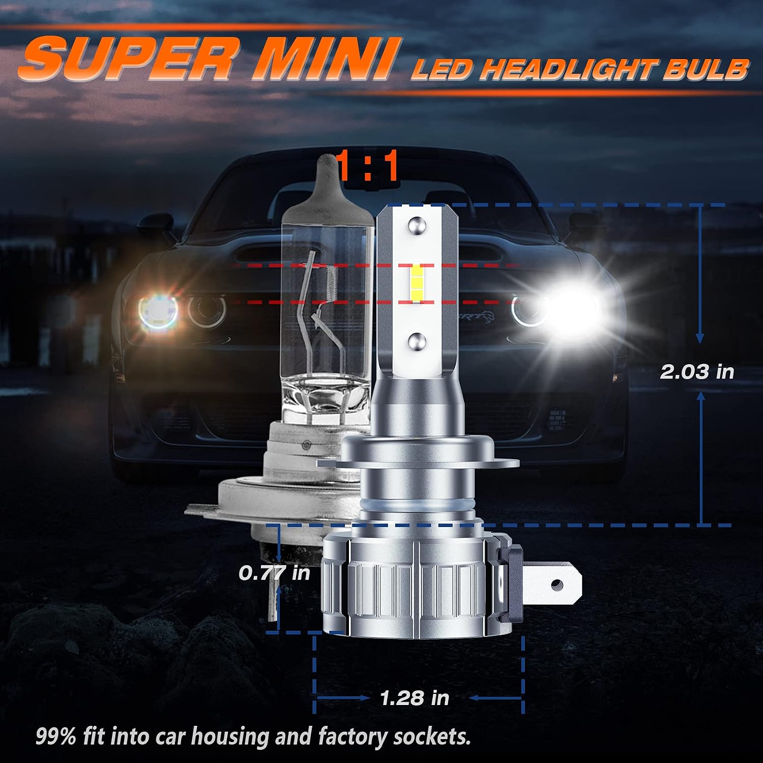 DR.CAR H7 LED Headlight Bulb, 300% Bright Low High Beam Headlight Bulb Wireless All-in-One Conversion Kit, 6000k Cool White, Pack of 2