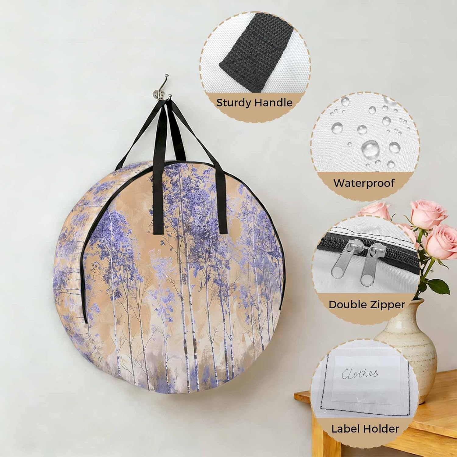 Storage Bag Purple Forest Round Storage Totes Bins Closet Organizers with Zippers & Handle Plant Oil Painting Brown Clothes Storage Container for Bedroom Dorm Space Saving Packing Supplies Moving Bags