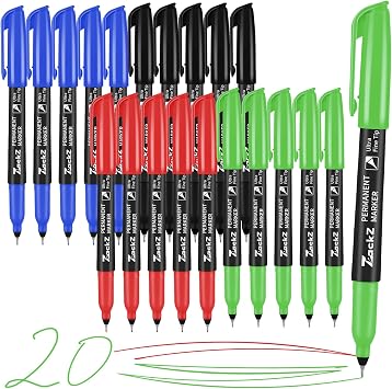 ZackZ Ultra Fine Point Permanent Markers Bulk, 0.4mm Fine Tip,Assorted Colors, Waterproof, Quickly Dry, Fade-Resistant Thin Tip Works on Paper, Glass, Plastic, Wood, Metal for Kids Adult 20 Count