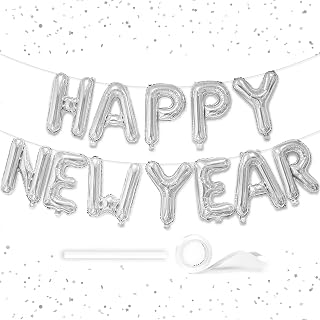 VHUWE 16 Inch Happy New Year Balloons Banner, Silver Foil Mylar Helium New Year Balloons for 2026 New Years Party Decorations New Years Eve Party Supplies Decoracion De Año Nuevo 2026 | Silver