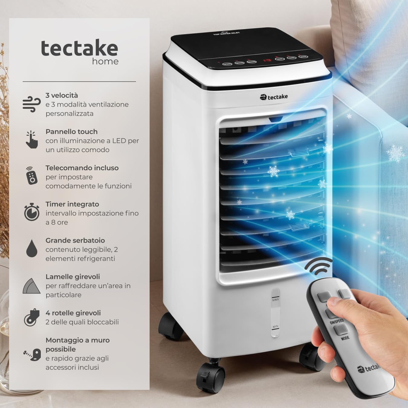 tectake® Condizionatore Portatile, Umidificatore Ambiente, Ventilatore, Raffrescatore d'Aria, Serbatoio Acqua con Indicatore, Pannello di Controllo Touch, Tre Livelli di Velocità - Bianco