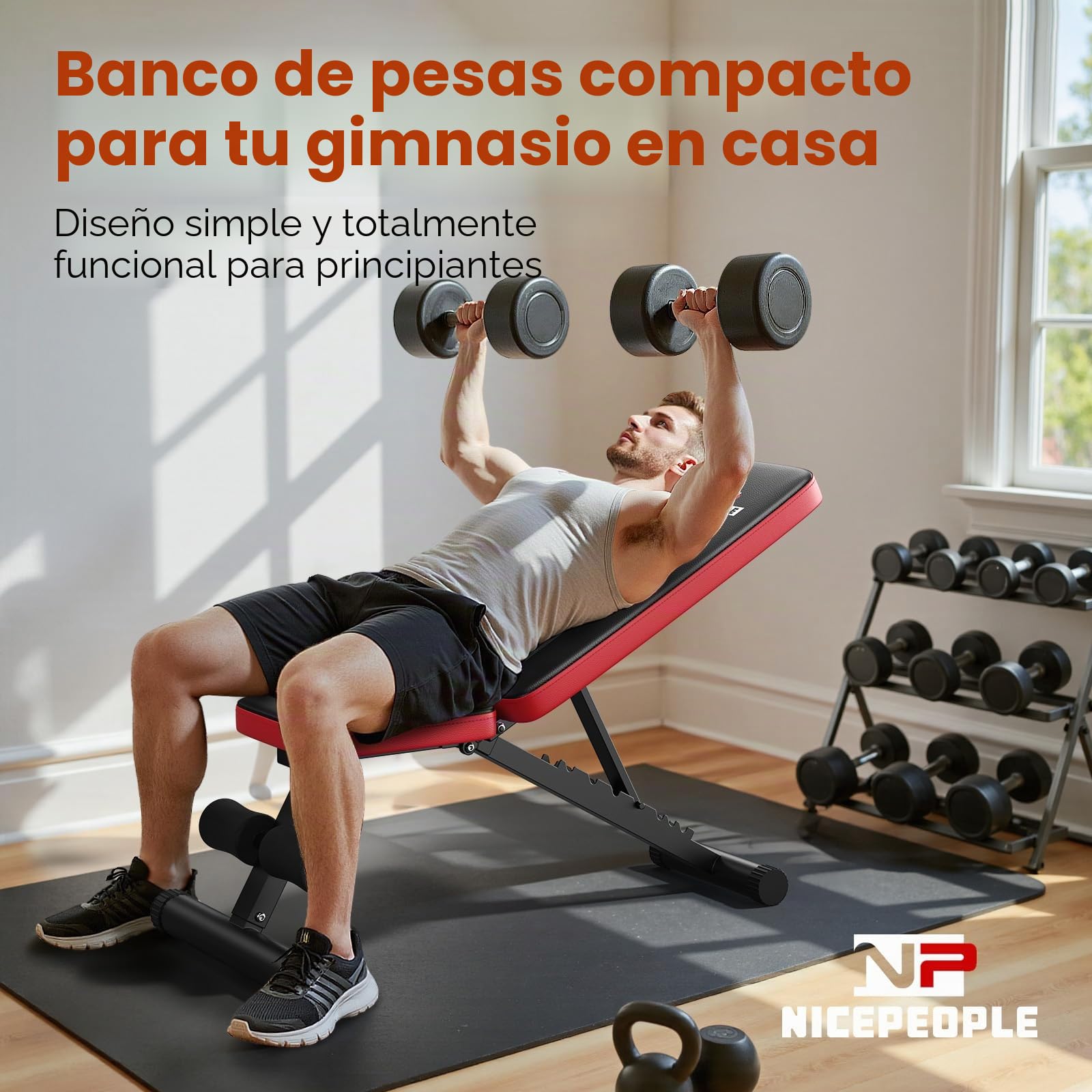 Nicepeople - Banco de pesas ajustable para gimnasio en casa, banco de entrenamiento con capacidad de 300 kg y 8 respaldos para pecho, hombros y brazos, banco de fuerza compacto y plegable para
