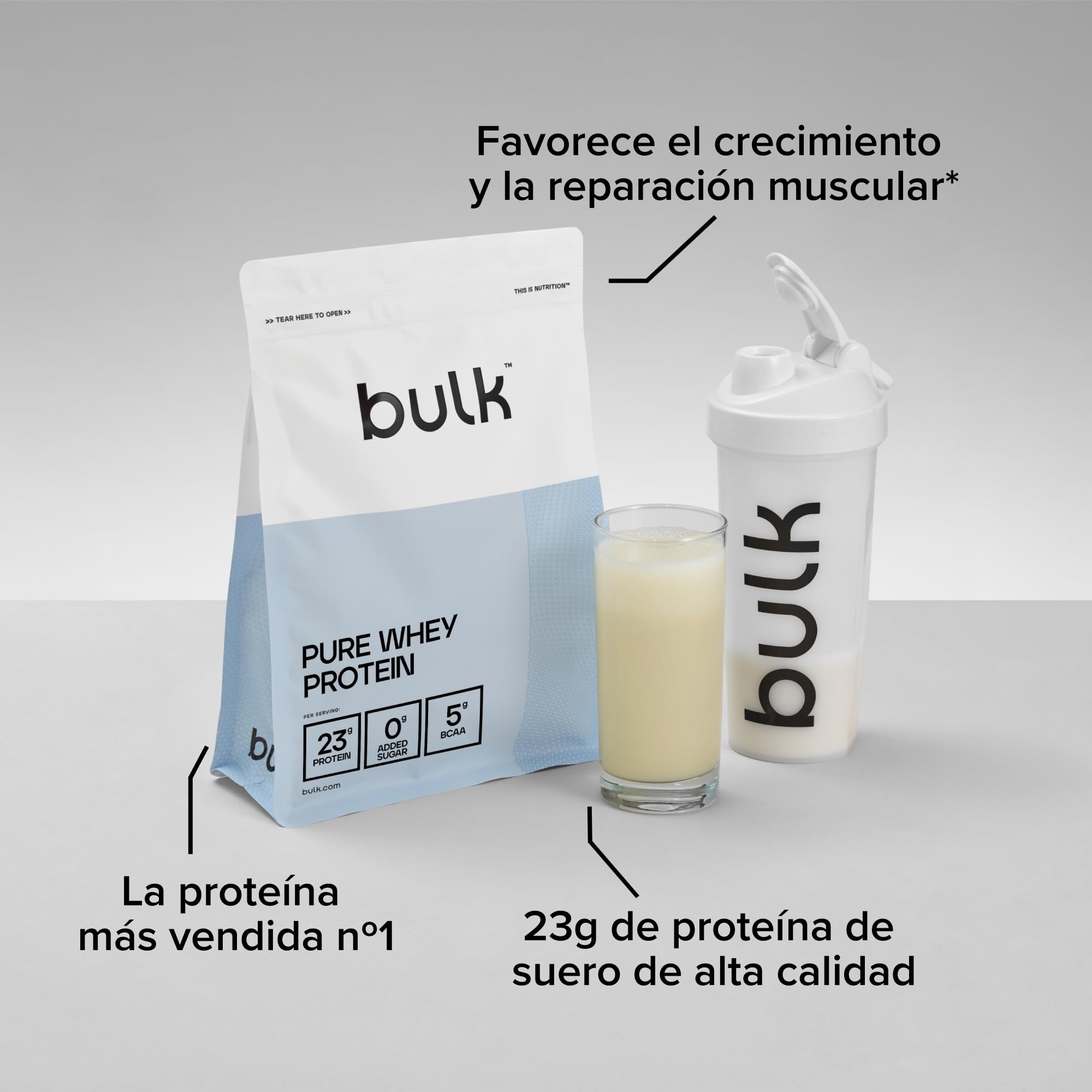 Bulk Pure Whey Proteína en Polvo, Vanilla, 23g Proteína y 5g BCAA por ración, Batido de Whey Concentrado, Bajo en azúcar, Favorece el crecimiento y la recuperación muscular, 1kg