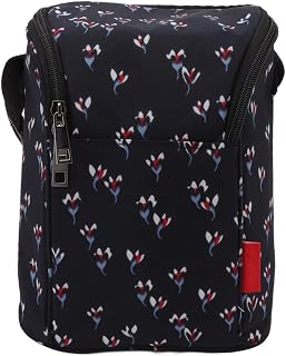 Generic Baby Bottle Cooler Bag, Nylon Bottle Cooler Tote Bag with Zipper, Shoulder Strap & Stroller Attachment, Black with Small Floral
