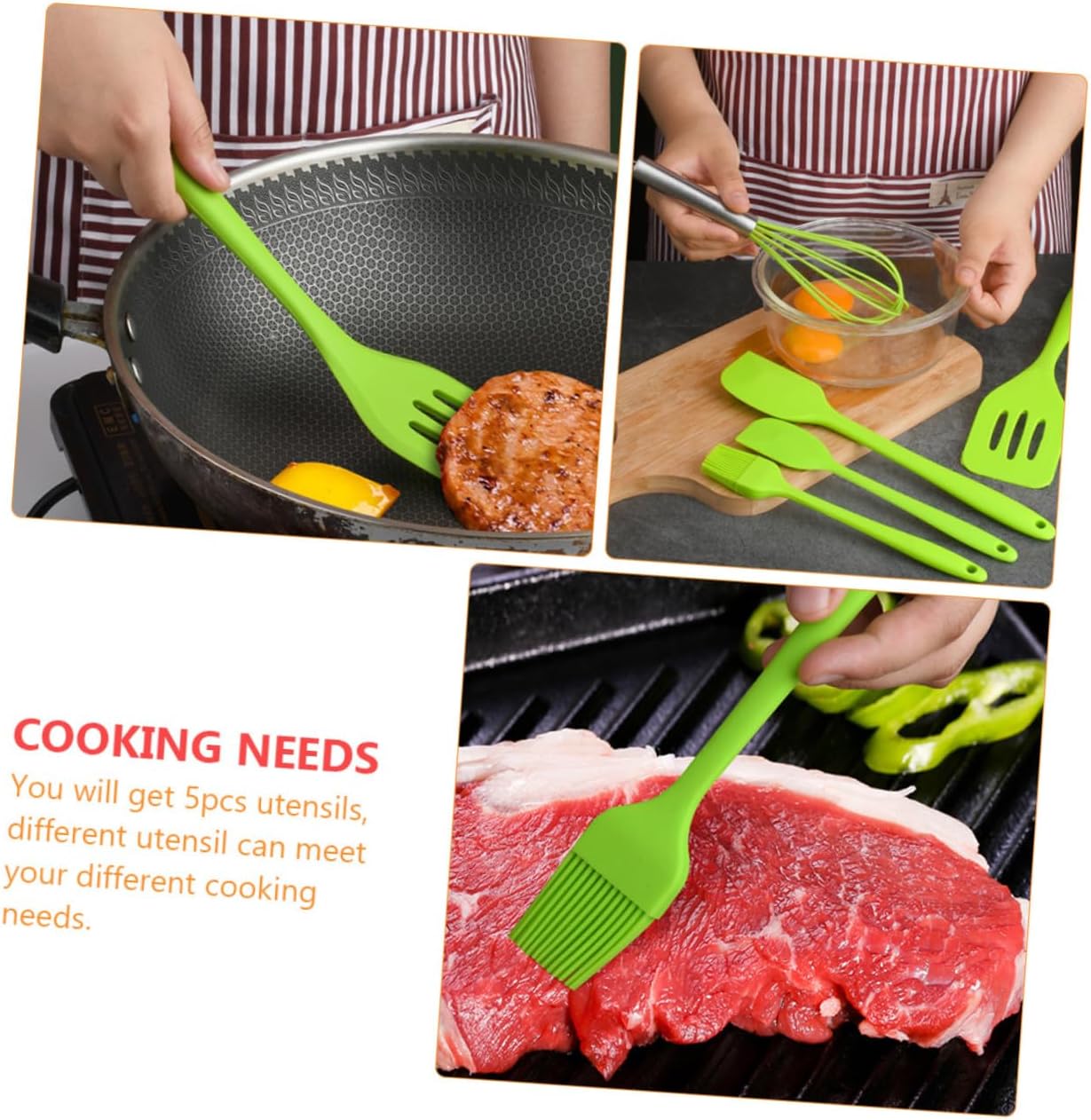 5pcs Silicone Utensil Kit Non-stick Cooking Gadgets Heat Resistant Egg Whisk and Baking Tools Set with Hanging for Kitchen Organization