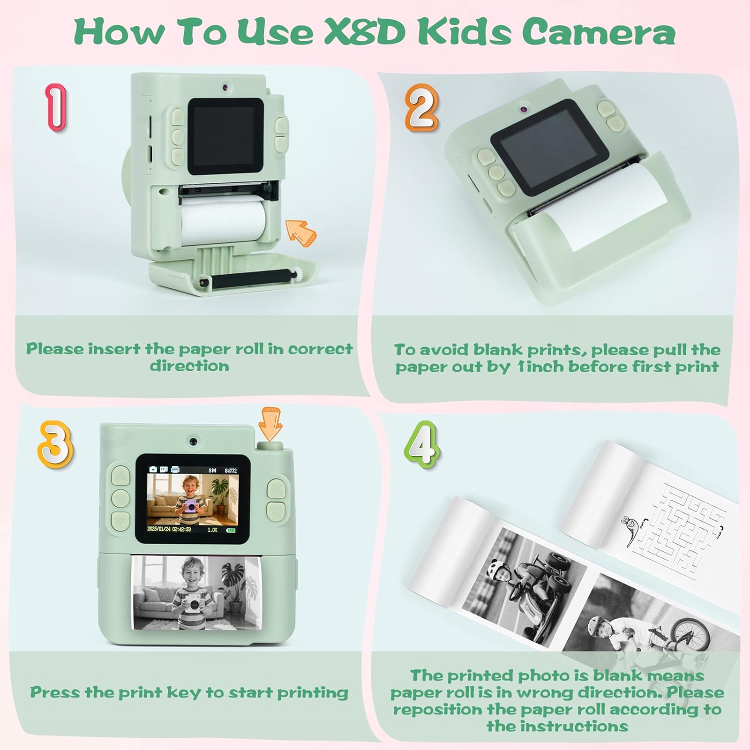 Kids Camera Instant Print, 1080P HD Dual-Lens Selfie Digital Camera with 5 Printing Paper Rolls & 32G TF Card, for Children, Portable Toddler Toy for Age 3-12 Boys & Girls (Mint Green)