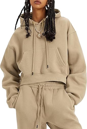 Flygo Womens Fleece 2 Piece Outfits Sweatsuit Crop Pullover Sweatshirt Joggers Pants Tracksuit Set