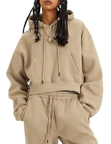 Flygo Womens Fleece 2 Piece Outfits Sweatsuit Crop Pullover Sweatshirt