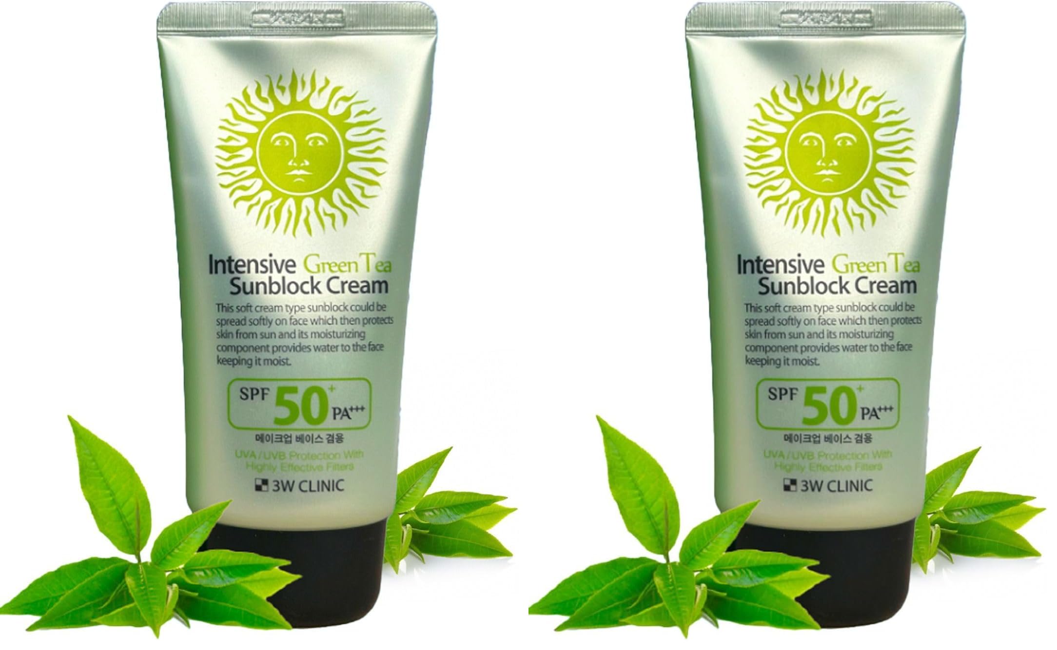 3W Clinic Yatıştırıcı ve Nemlendirici Yeşil Çay İçeren Büyük Boy Güneş Koruyucu 3W Clinic SPF 50+ PA +++ 70ml (2 paketi)