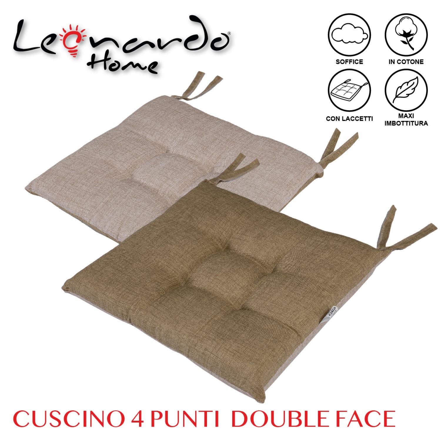 LEONARDO HOME - set 6 cuscini sedia da cucina double face, cuscino 4 punti con lacci imbottito - cuscini coprisedia da cucina - 100% Made in Italy