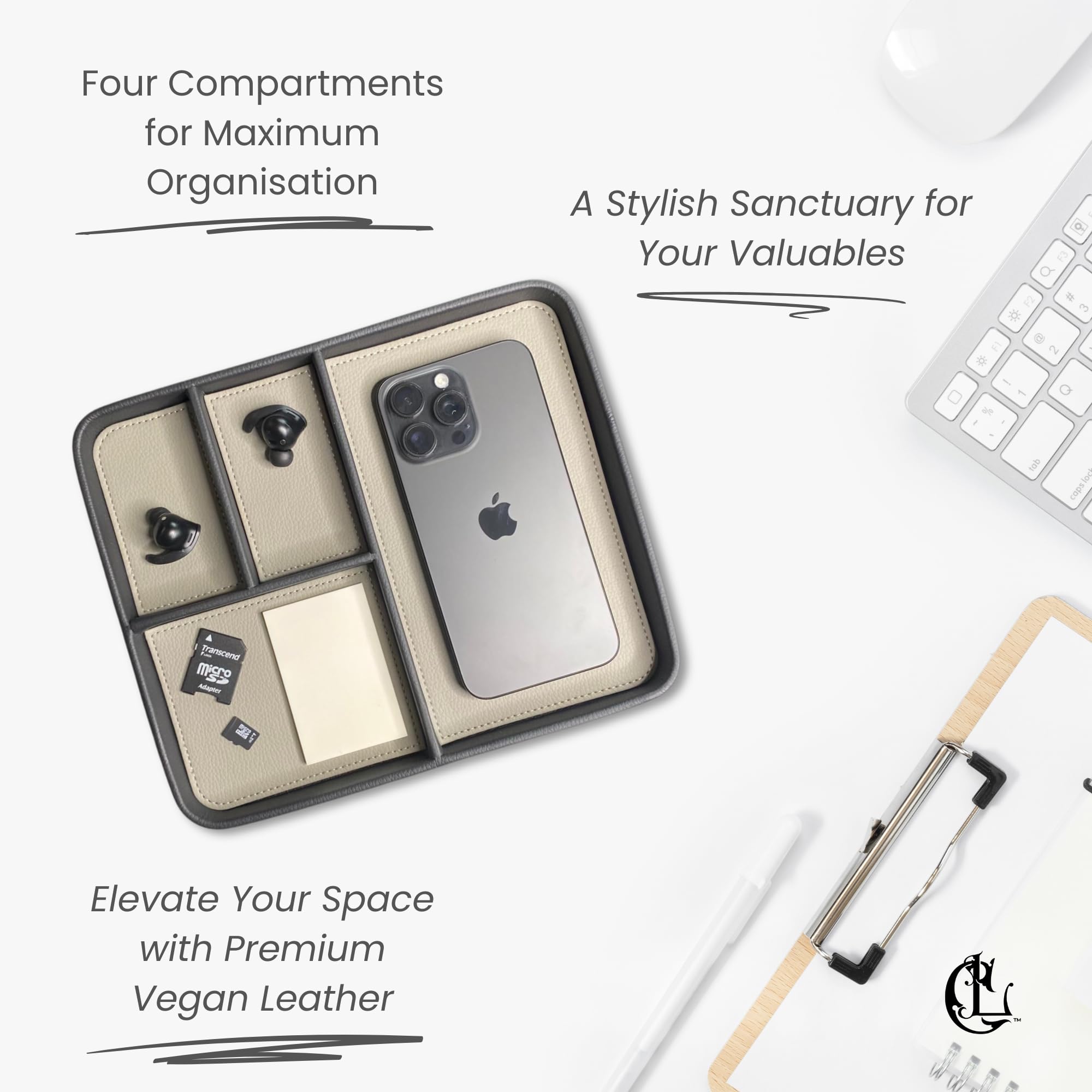 The Chill Tray - Desk Organiser Valet Tray - Premium Vegan Leather, EDC Catchall, Versatile Storage, Phone, Jewellery, Office Accessories, Keys, Watch, Bedside Table Caddy (Raven & Moonlight) - Image 3