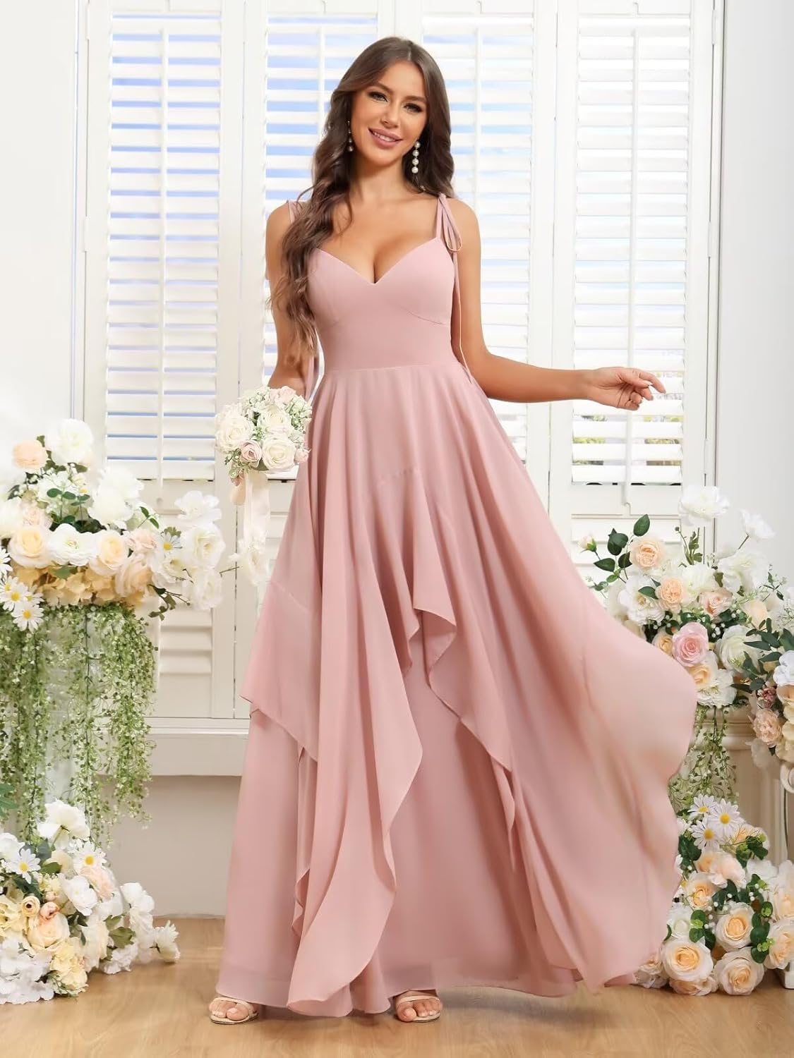 BOLENSYE Women's V-Neck Chiffon Tiered A-Line Bridesmaid Dresses Long Ruffles Formal Evening Party Gown