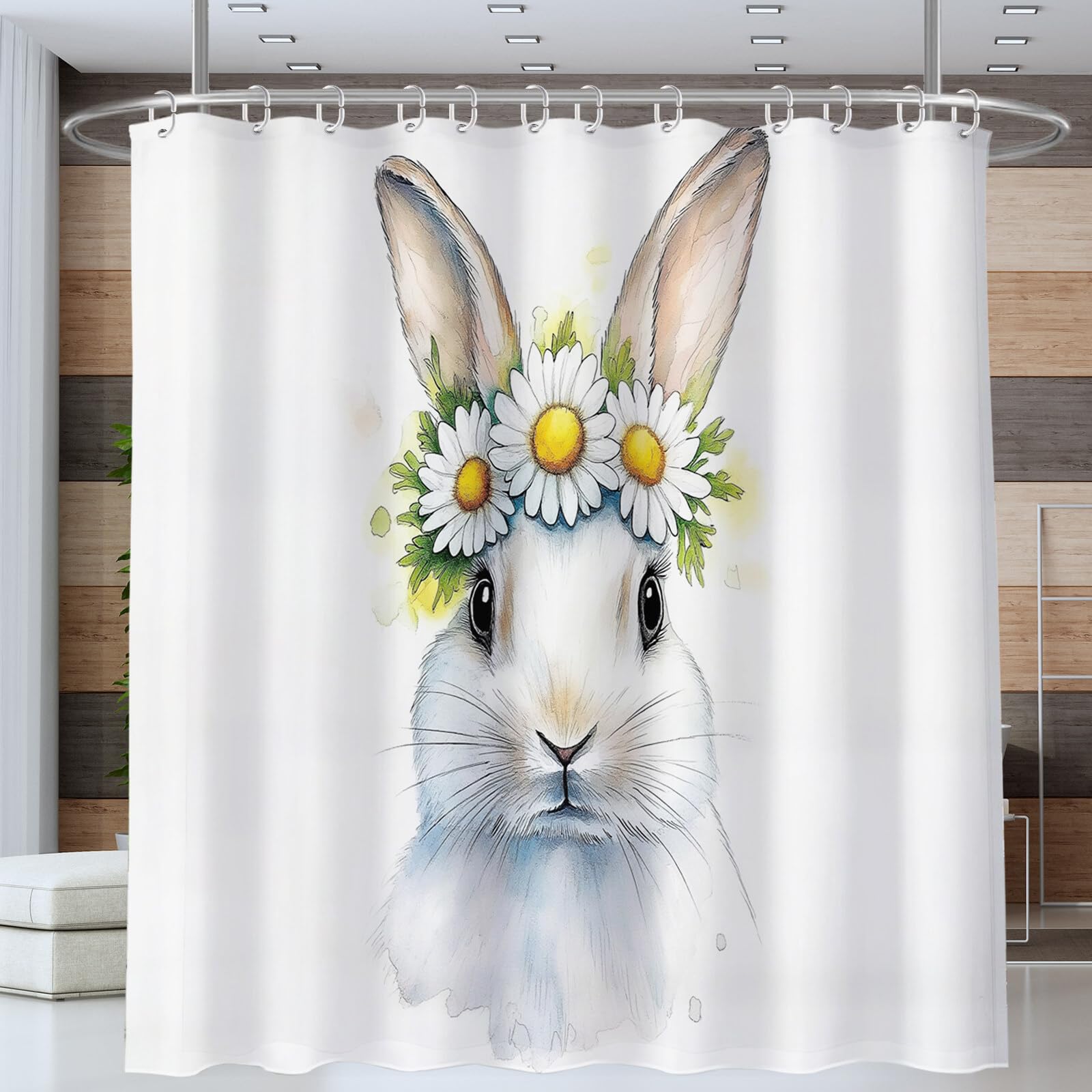Rideau De Douche Daisy Bunny Animaux À L'Aquarelle Tissu Imperméable Lavable avec Crochets Anti Moisissure en Polyester Rideau Douche pour Salle De Bain