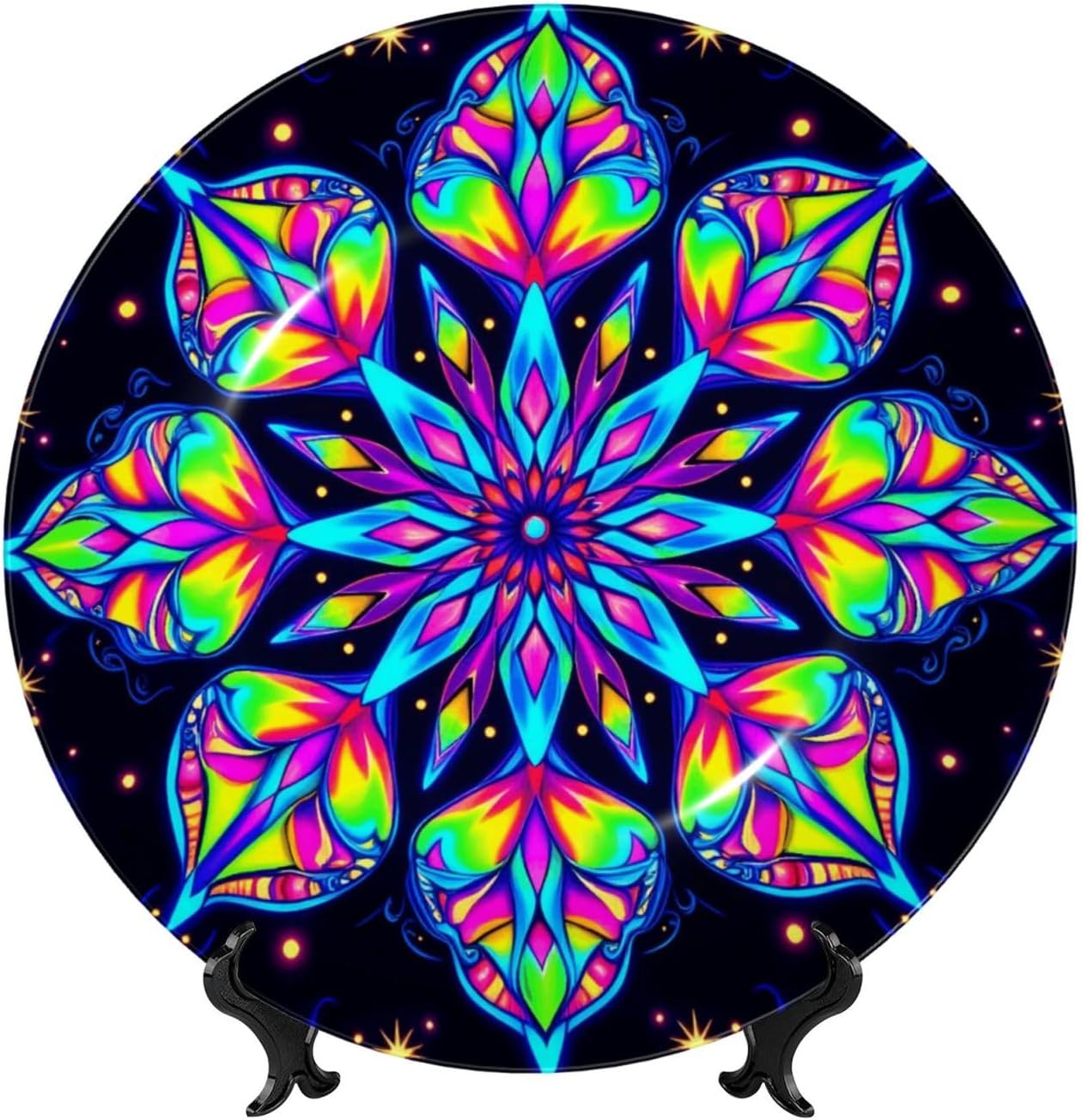 Vibrant Mandala Kaleidoscope Style Ceramic Plate Display Decorative Plate With Stand Wall Hanging Plate For Home Decor 10 Inch