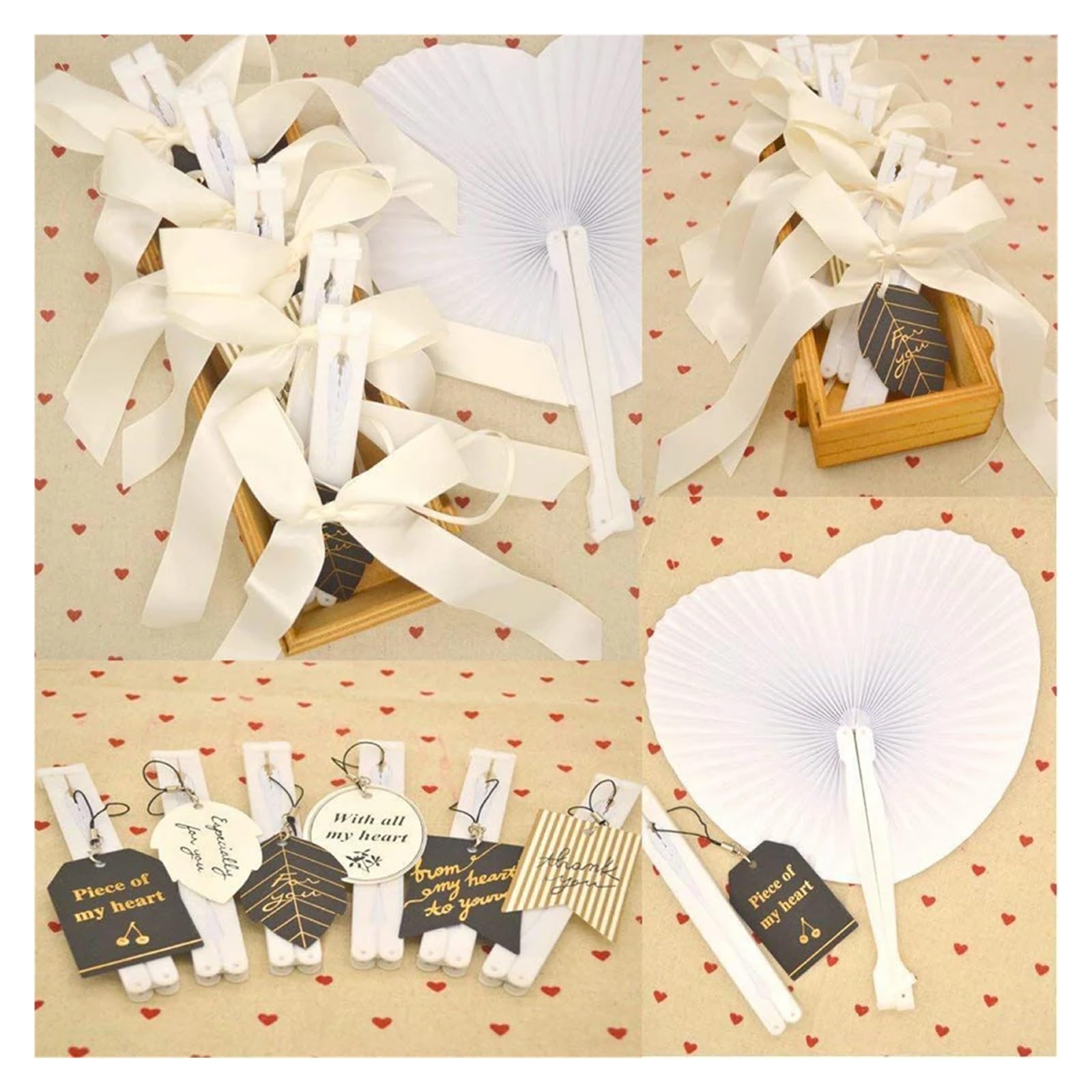 Handfächer aus Papier, Weißer herzförmiger Faltbarer Handfächer, DIY-Party, Hochzeit, Packung mit 10–60 Stück(Round,60pcs)