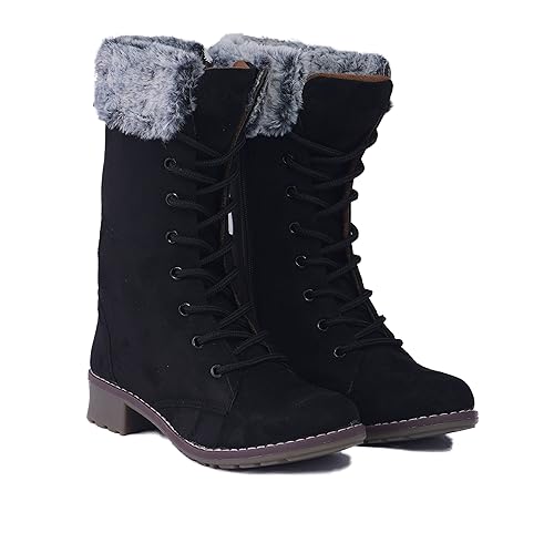 Women's Zipper and Lace-up Calf High Winter Boots | Anti-Slip Round Toe Long Snow Booties