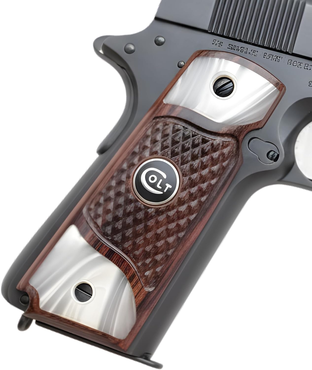 1911 Full Size Checkered Rosewood Grips with Acrylic Pearl with Medallion