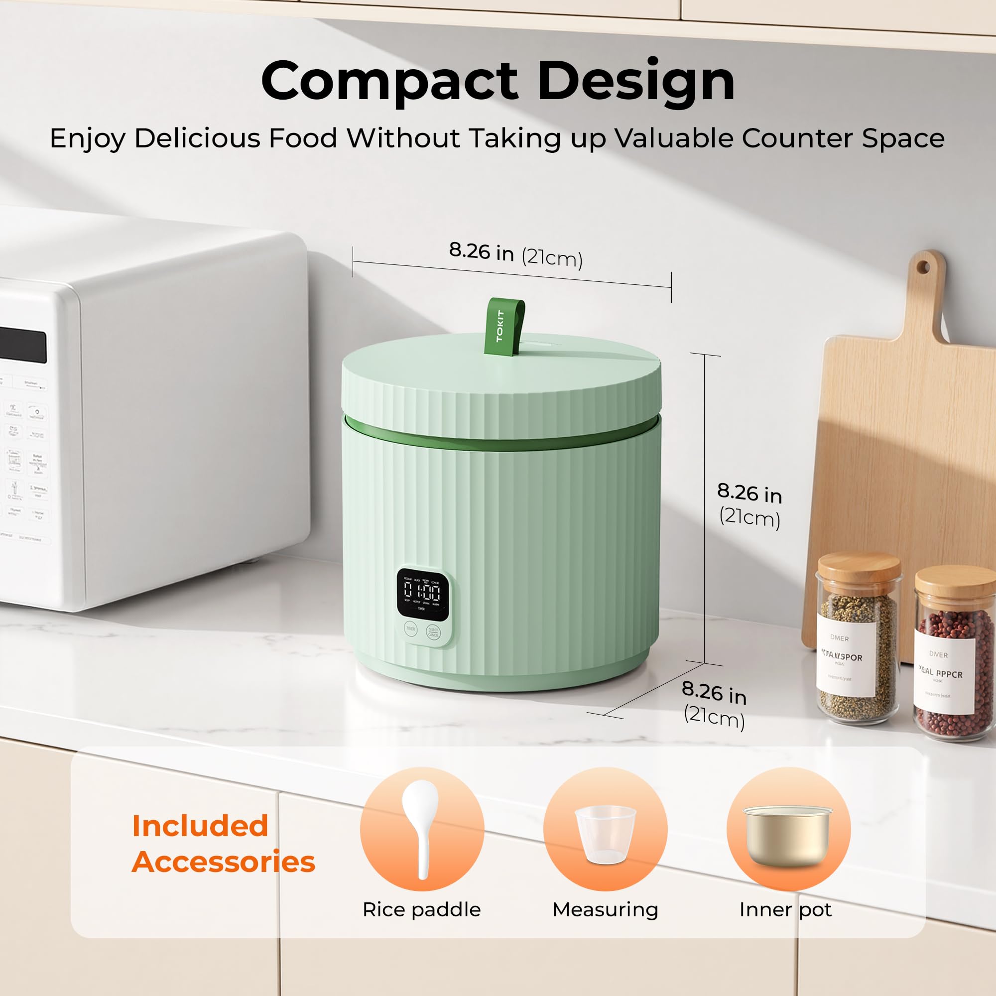 TOKIT Cuociriso Mini 1.5L, Cuociriso Elettrico Multifunzione con Riscaldamento a Induzione IH, Rivestimento Antiaderente Ceramico, 350W per 1-3 Persone, 5 Programmi, Verde
