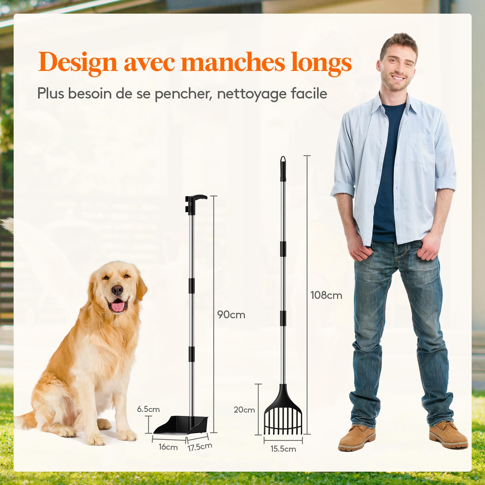 Lifewit Pelle à déjections canines en plastique pour chiens de taille moyenne et petite, poteau réglable en métal inoxydable à long manche avec râteau et plateau pour pelouses, cour, herbe