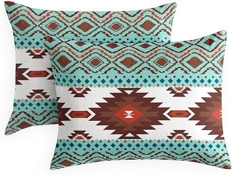 Wake In Cloud - Western Pillow Cases, Southwestern Aztec Country Style with Rustic Ranch Vibe, Set of 2 Soft Pillowcases Pillow Shams Covers, Turquoise Brown, Standard Size 20x26 Inches