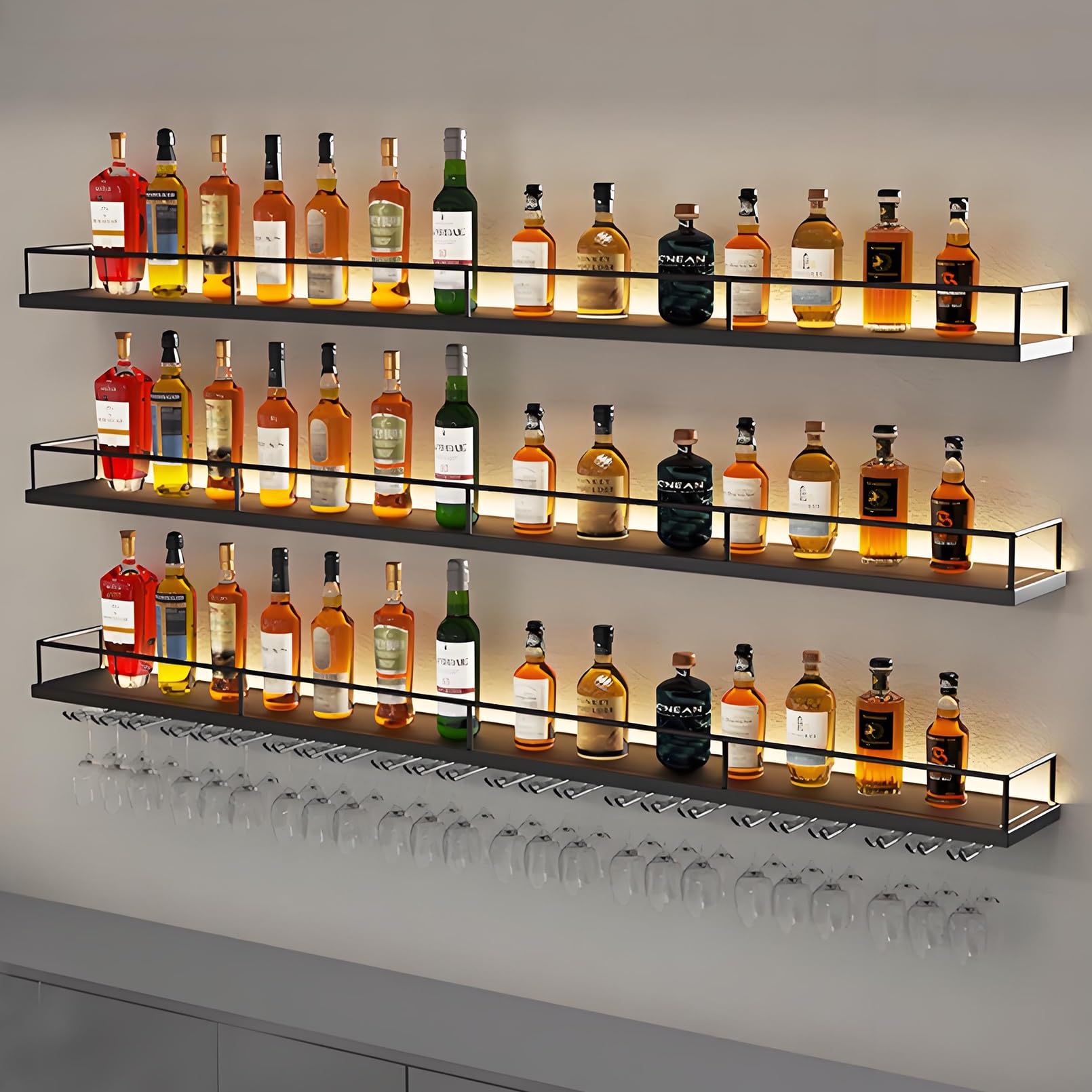 Casier à vin mural industriel LED 100cm en fer noir avec étagères de rangement à 3 niveaux