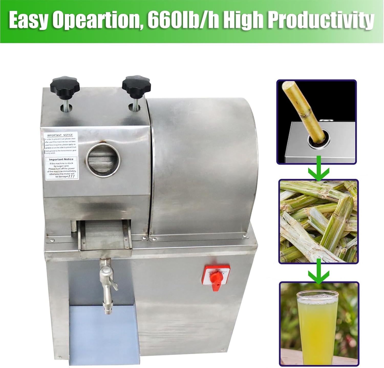 INTBUYING Vertical Electric Sugarcane Juicer, Three Rollers Sugarcane Press Machine, Stainless Steel Sugar Cane Juicer Extractor, Juice Centrifugal Squeezer 110V 1500W 660lb/h