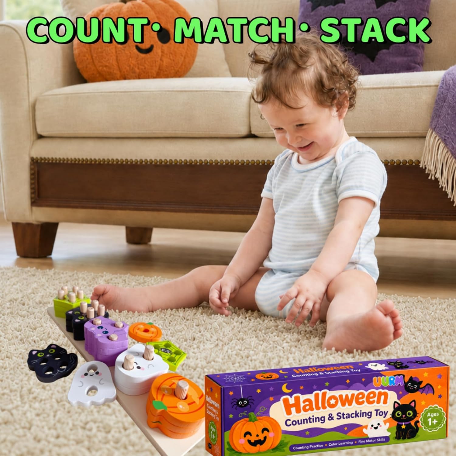 UURM Halloween Montessori Toys for 1 2 3 Years, Wooden Toddlers Toys