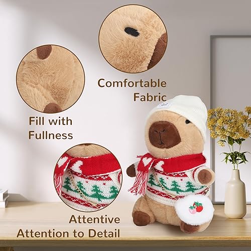 Miniatura 6 de Capybara - Disfraz de peluche con 10 piezas de disfraz de Capybara estilo navideño, juego de Navidad, decoración de mochila Capybara, regalo de