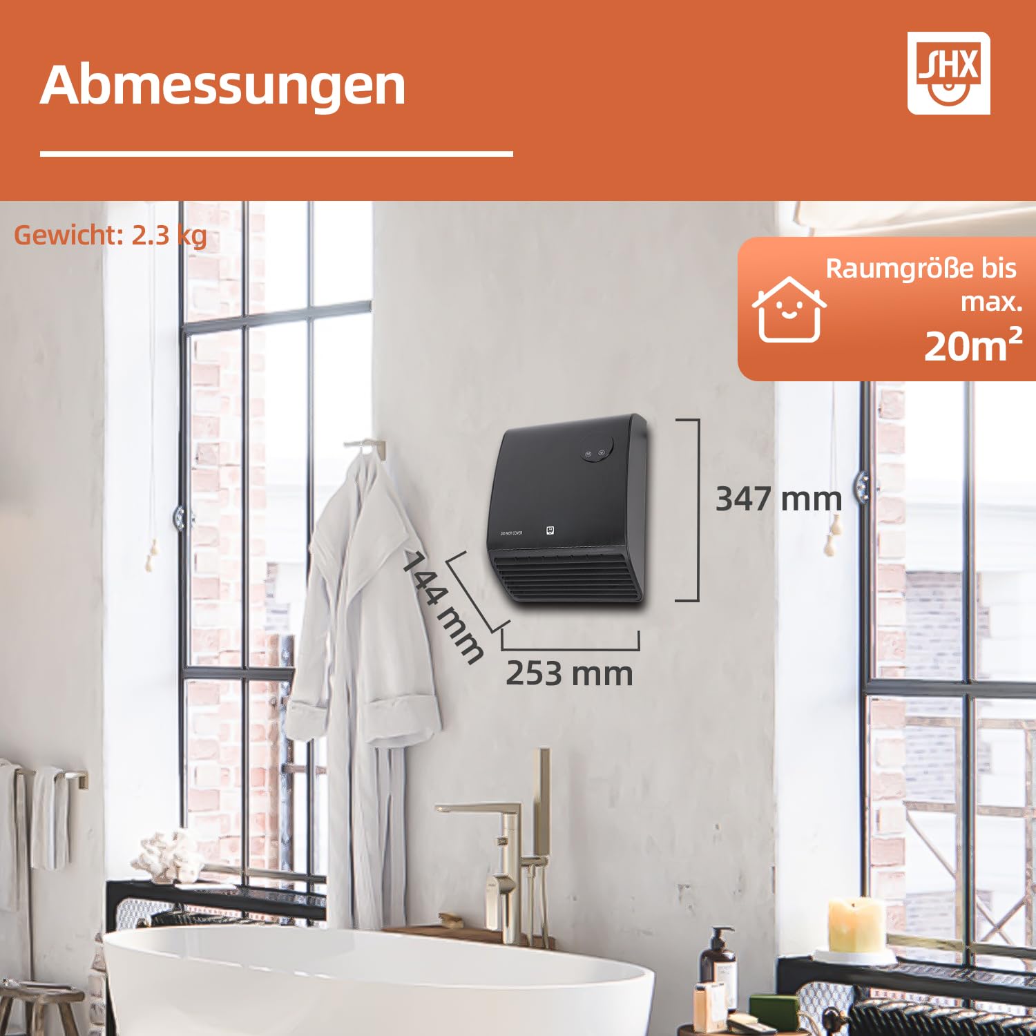 SHX Termoventilatore da bagno, 2000 W, termostato con telecomando, resistente all'acqua, sicuro in bagno, nero
