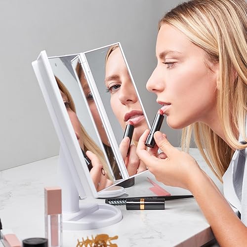 Miniatura 3 de Kit de espejo de maquillaje de tres pliegues con 21 luces LED, espejo de aumento de 3 vías para escritorio, pantalla táctil, aumento 3X2X1X, fuente