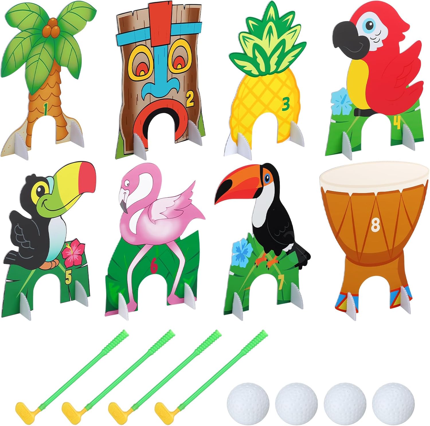 Seenelling Luau Tropical Mini Golf Game 17 Pcs Include 8 Tropical Palm Trees Birds Pineapples Per Set 4 Putters 4 Balls for 4 Player Summer Hawaii Party Game Supplies Indoor Outdoor Golf Kit