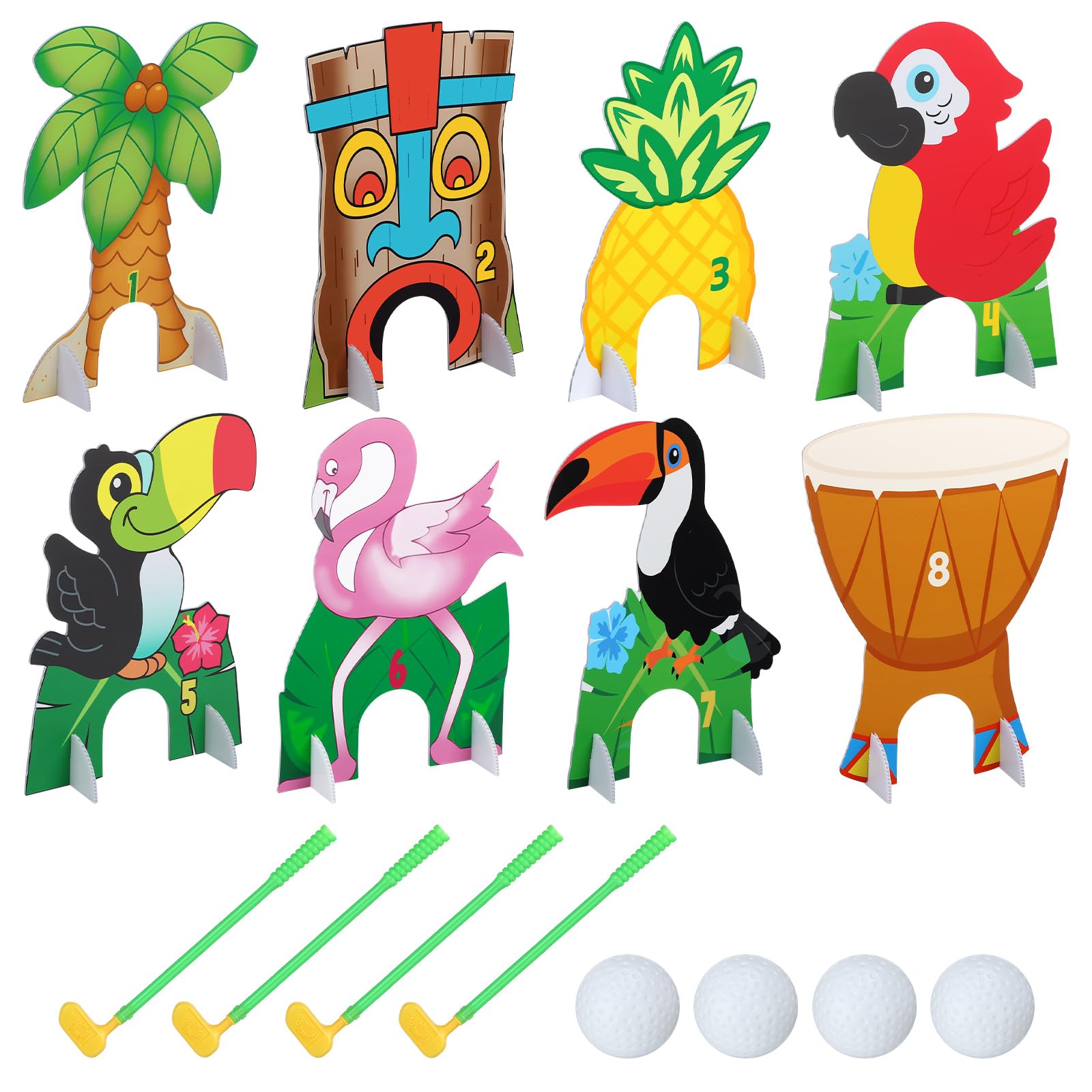 Photo 1 of Seenelling Luau Tropical Mini Golf Game 17 Pcs Include 8 Tropical Palm Trees Birds Pineapples Per Set 4 Putters 4 Balls for 4 Player Summer Hawaii Party Game Supplies Indoor Outdoor Golf Kit