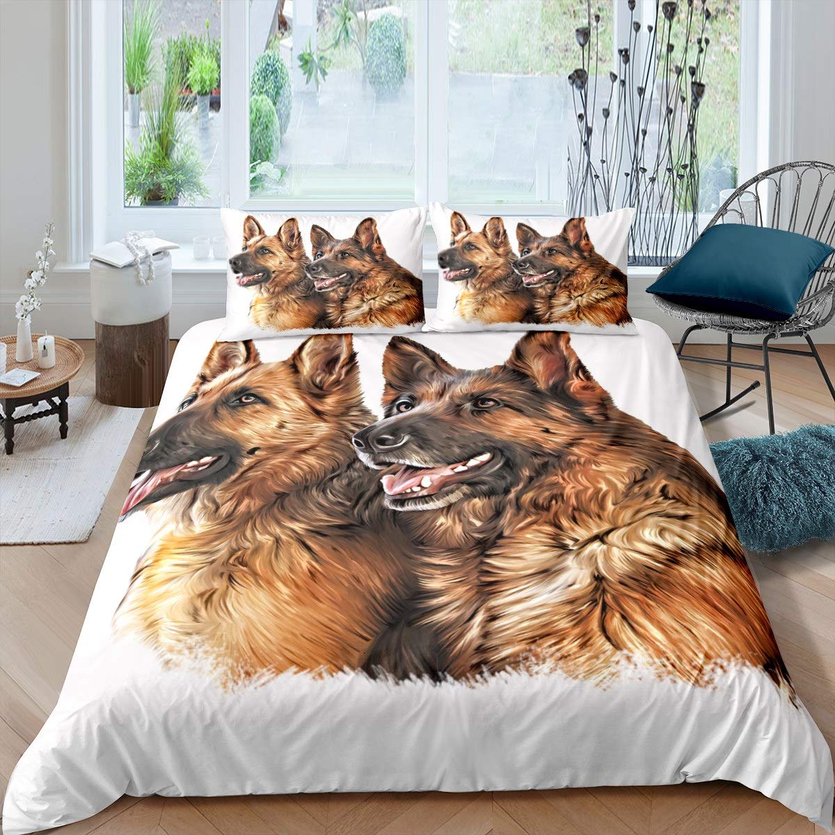 Loussiesd Dog Duvet Cover Set Watercolor German Shepherd Print Bedding Set 3D Animal Pattern Comforter Cover for Kids Boys Men Hypoallergenic Quilt Cover Decor Bedroom Collection 3Pcs King