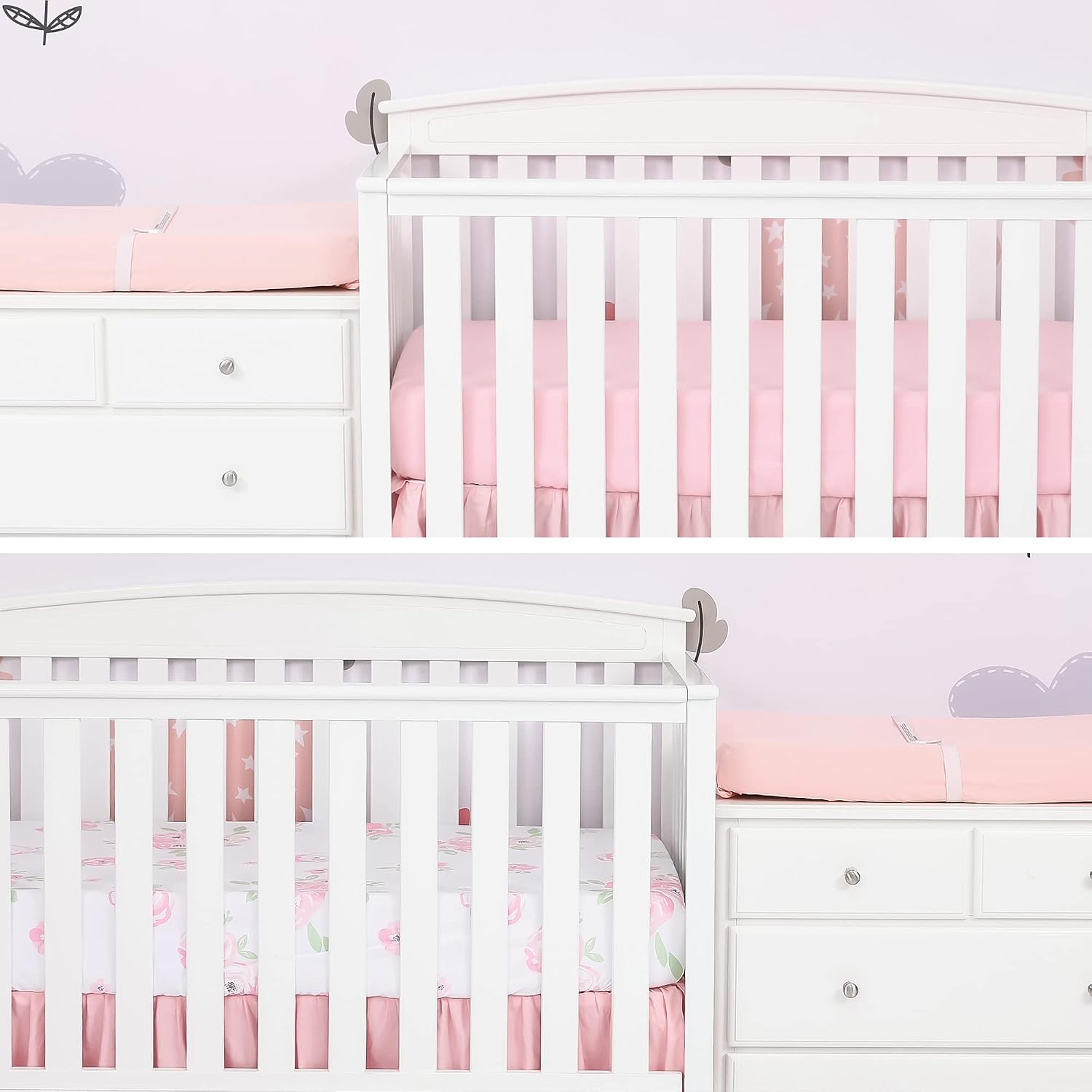 TILLYOU Microfiber Fitted Crib Sheet Set - Super Soft Toddler Bed Sheets for Standard Crib and Toddler Mattresses, 2-Pack 28"x52"x8",Pink Rose Flowers