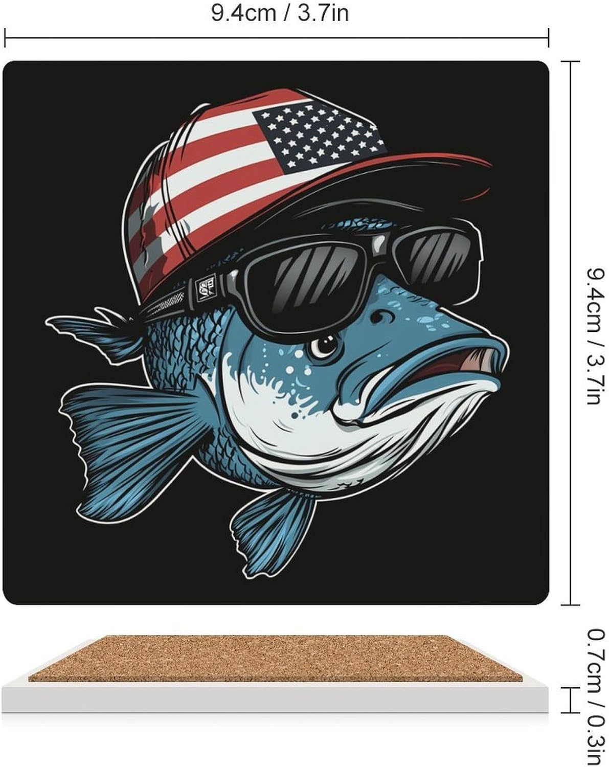 Bass Fish USA Flag Ceramic Coasters Set Square Drink Coasters Table Coaster for Kitchen Desktop Decor