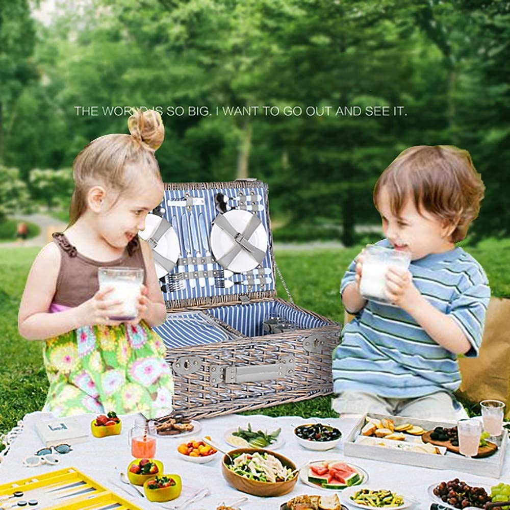 Juego de Cestas de Picnic para 4 Personas con Bolsa de Forro Aislante Grande Cesta de Picnic, Bolsa de Picnic portátil con Tapa Suministros de Picnic para Acampar al Aire Libre-B