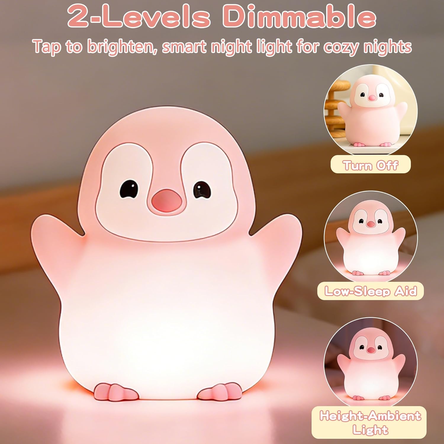 Penguin Night Light for Kids,Cute Pink Penguin Lamp,Soft Silicone Nursery Nightlight,LED Squishy Novelty Animal Bedside Lamp,Rechargeable/Dimmable/Timer,Room Deco,Christmas Gifts for Mom Girls Baby - Image 2
