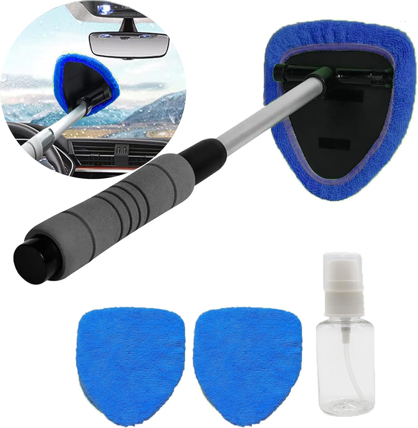 Dinfu Auto Windshield Cleaning Kit With Expandable Handle, 4 Reusable Microfiber Pads - View #3